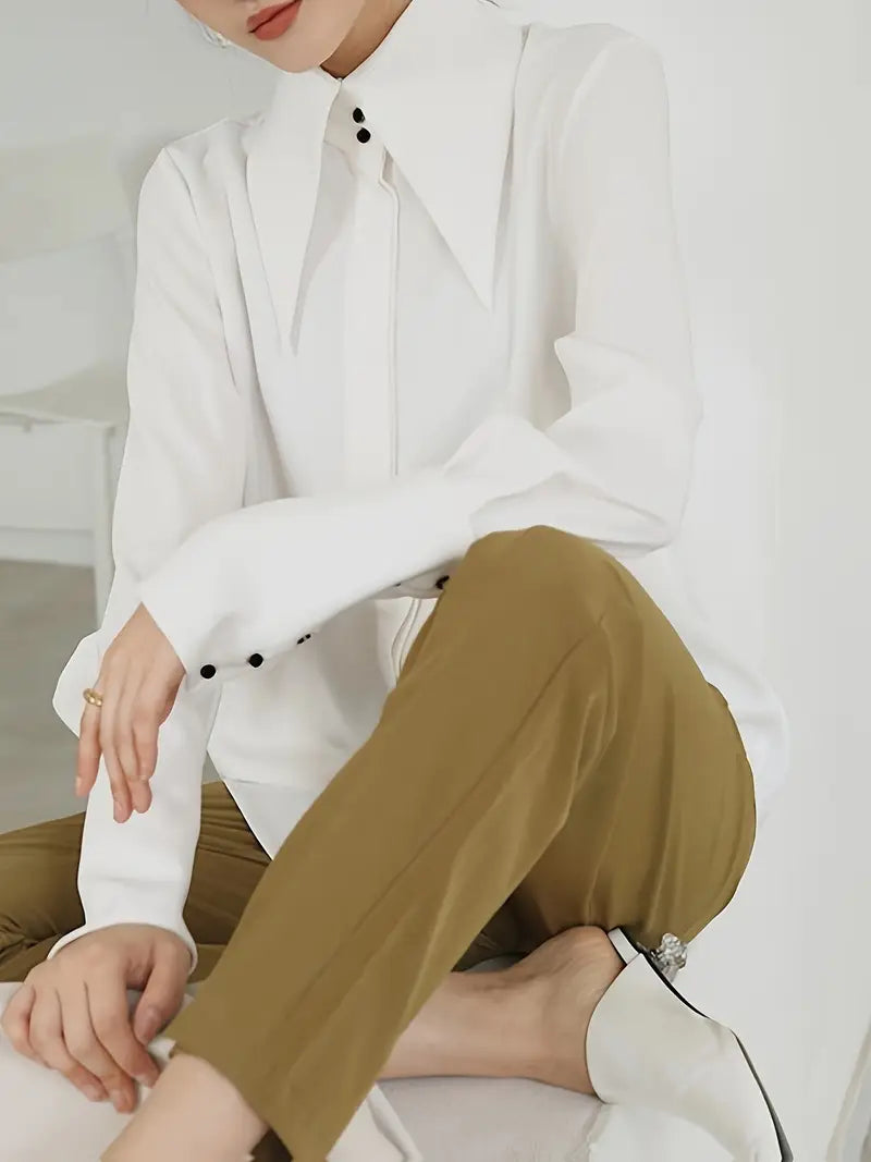 Women'S Elegant White Button-Up Shirt - Long Sleeve Blouse with Classic Collar, Smooth Polyester Fabric for Office, Formal Events & Everyday