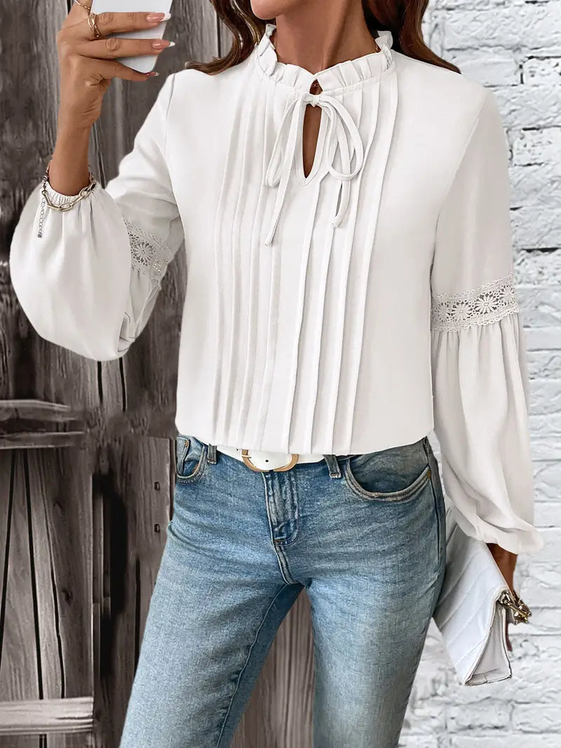 Women's Elegant Lace V-Neck Blouse with Ruffled Lace Sleeve & Solid Beige Pleated Hem - Long Sleeve Blouse with Smooth Texture, Structured Fit for Spring/Fall, Casual & Formal Events