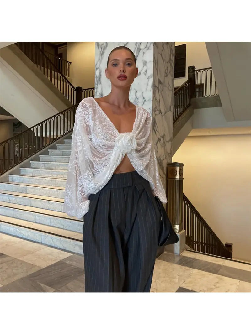 Women'S Elegant Blouse - Sheer Lace-like Top with Round Neck, Formal & Everyday Chic Outfits - Spring/Summer Women'S Clothing - Elegant Evening Party, Casual Wear, Delicate Detail, Spring Fashion, Breathable Material, Stylish Shirt, Fashion Lovers