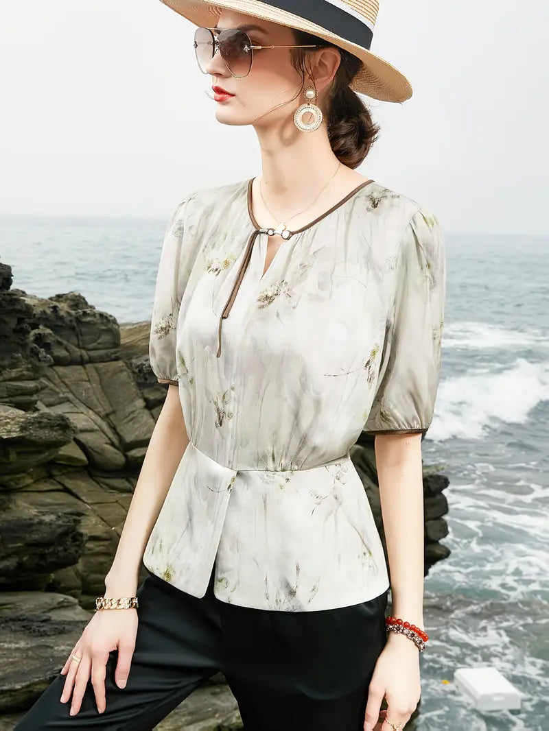 Women'S Summer Blouse - Soft Pastel Floral shirt with Twist Front, Breathable Office & Party Blouse for Women, Elegant Everyday Chic Tops for Formal Events & Casual Outfits, Casual Wear