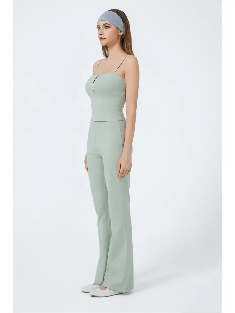 Women's Light Green Wide Leg Pants Elastic Waffle Knit Casual Wide Leg Pants with Pockets