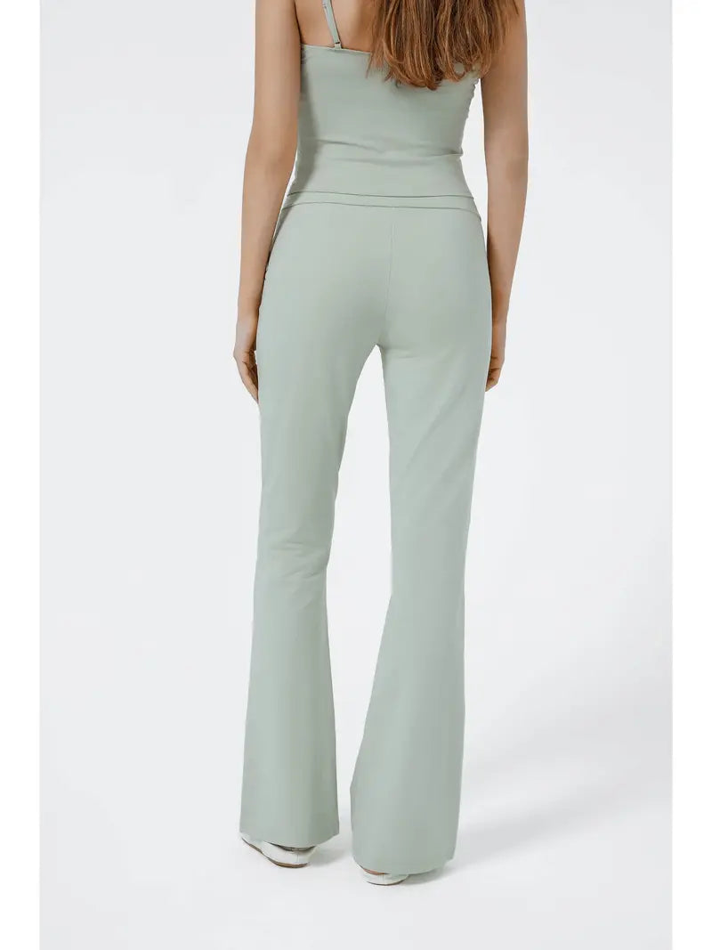Women's Light Green Wide Leg Pants Elastic Waffle Knit Casual Wide Leg Pants with Pockets