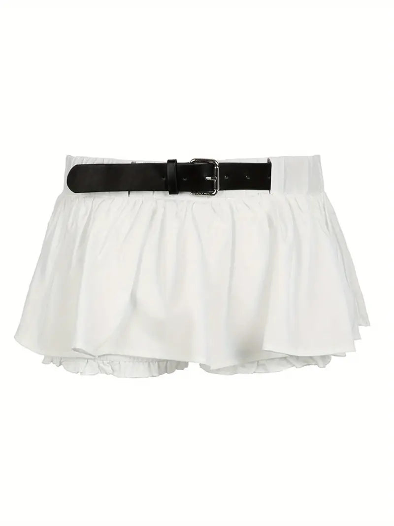 Women'S Sexy Low-Rise A-Line Mini Skirt with Black Belt - White Ruffled Hem, Casual Style, Non-Stretch Fabric, Perfect for Casual Attire, Casual Attire Skirt | Ruffled Hem Skirt | Nonstretch Fabric