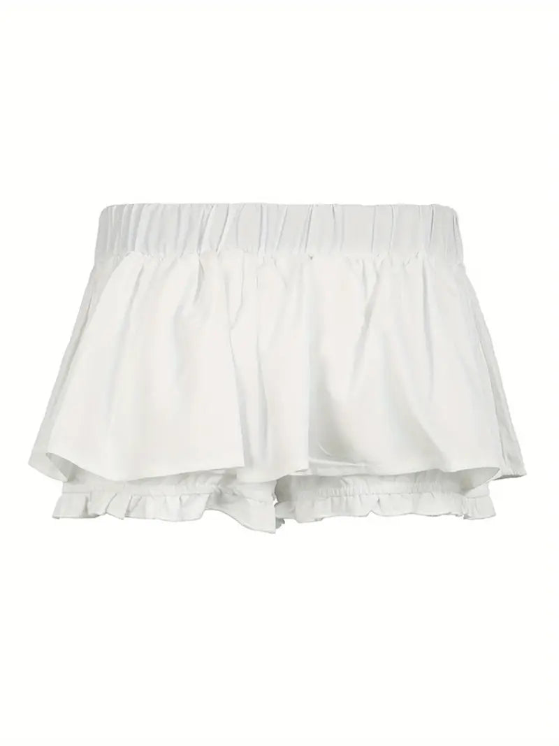 Women'S Sexy Low-Rise A-Line Mini Skirt with Black Belt - White Ruffled Hem, Casual Style, Non-Stretch Fabric, Perfect for Casual Attire, Casual Attire Skirt | Ruffled Hem Skirt | Nonstretch Fabric