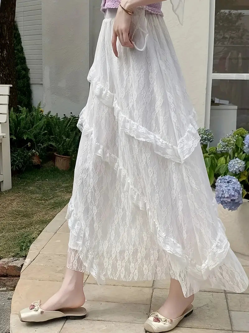 Single Piece High Waisted Flared Sweet & Elegant Maxi Skirt Ruffled Maxi Skirt Summer Outings, Women's Clothing