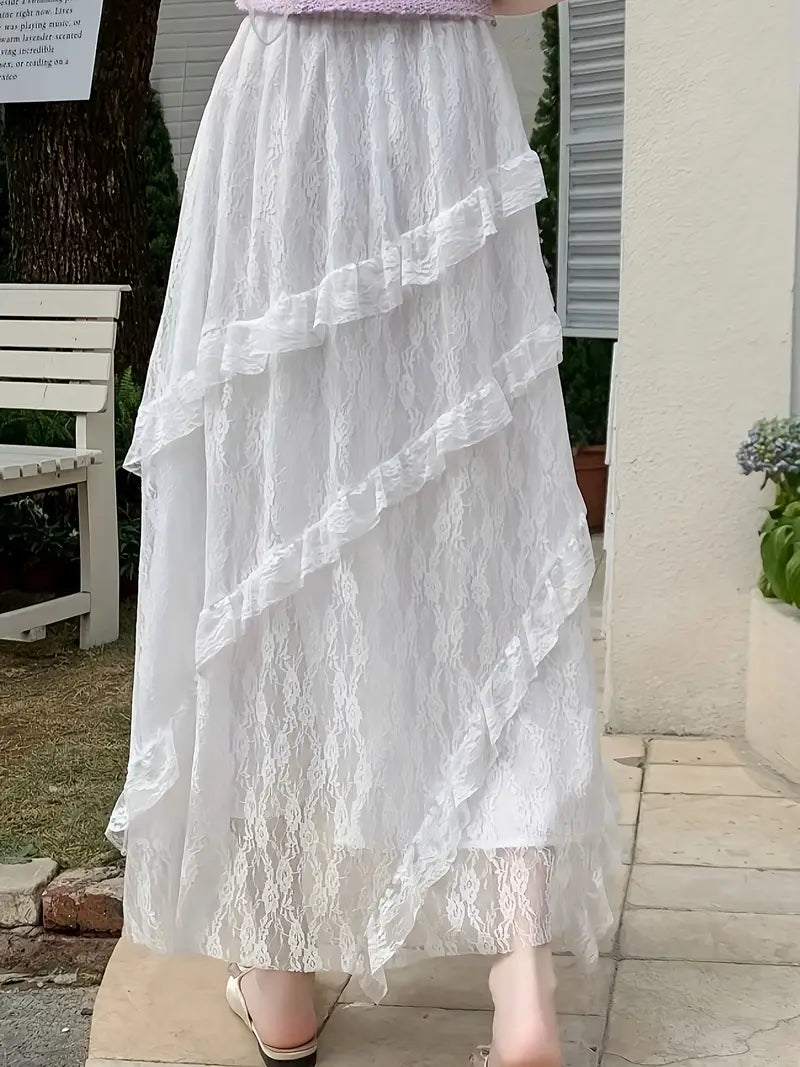 Single Piece High Waisted Flared Sweet & Elegant Maxi Skirt Ruffled Maxi Skirt Summer Outings, Women's Clothing