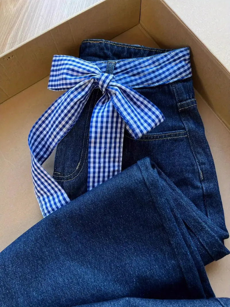 Women'S High Waisted Straight Leg Jeans - Non-Stretchy Structured Fit, Classic Blue Jeans for Everyday & Formal Outfits - Non-Stretch Fabric, Office Attire, Bow Tie Detail, Durable Construction, Stylish Trousers