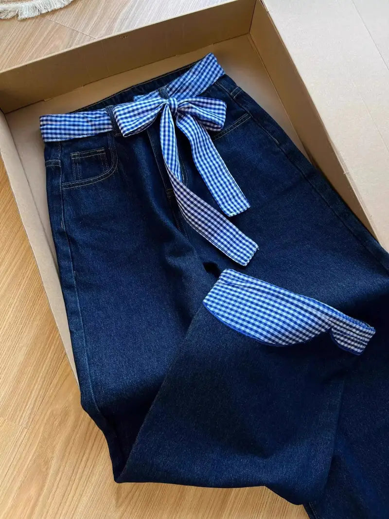 Women'S High Waisted Straight Leg Jeans - Non-Stretchy Structured Fit, Classic Blue Jeans for Everyday & Formal Outfits - Non-Stretch Fabric, Office Attire, Bow Tie Detail, Durable Construction, Stylish Trousers