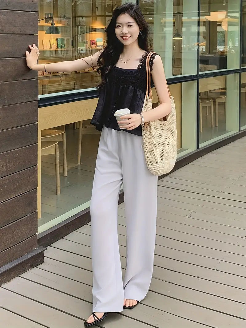 Women's Light Grey Straight-Leg Casual Pants - Non-Stretch Acetate Trousers with Pockets, Regular Fit Long Length for Spring/Fall, Versatile for Commuting & Casual Outings