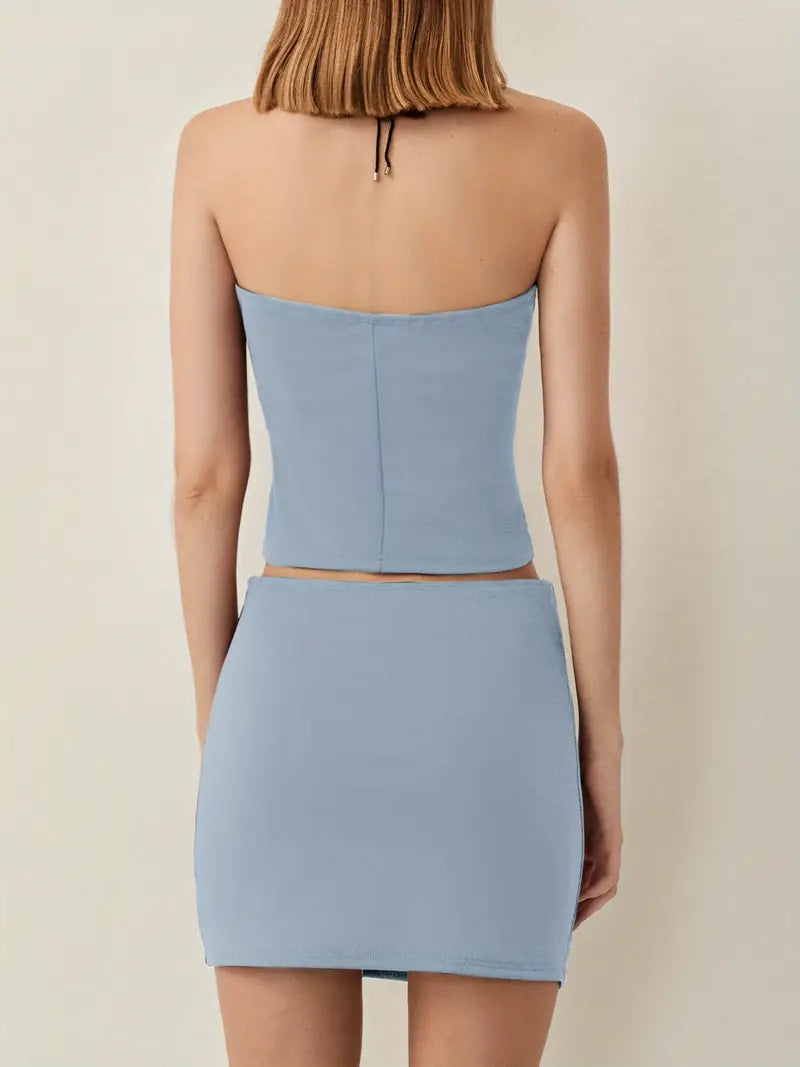 Women 2pcs Outfits, Low-Cut Strapless Plain Color Crop Tops, Low Waist Super Short Hip Skirt, Ladies Summer Bar/Party/Club Wears