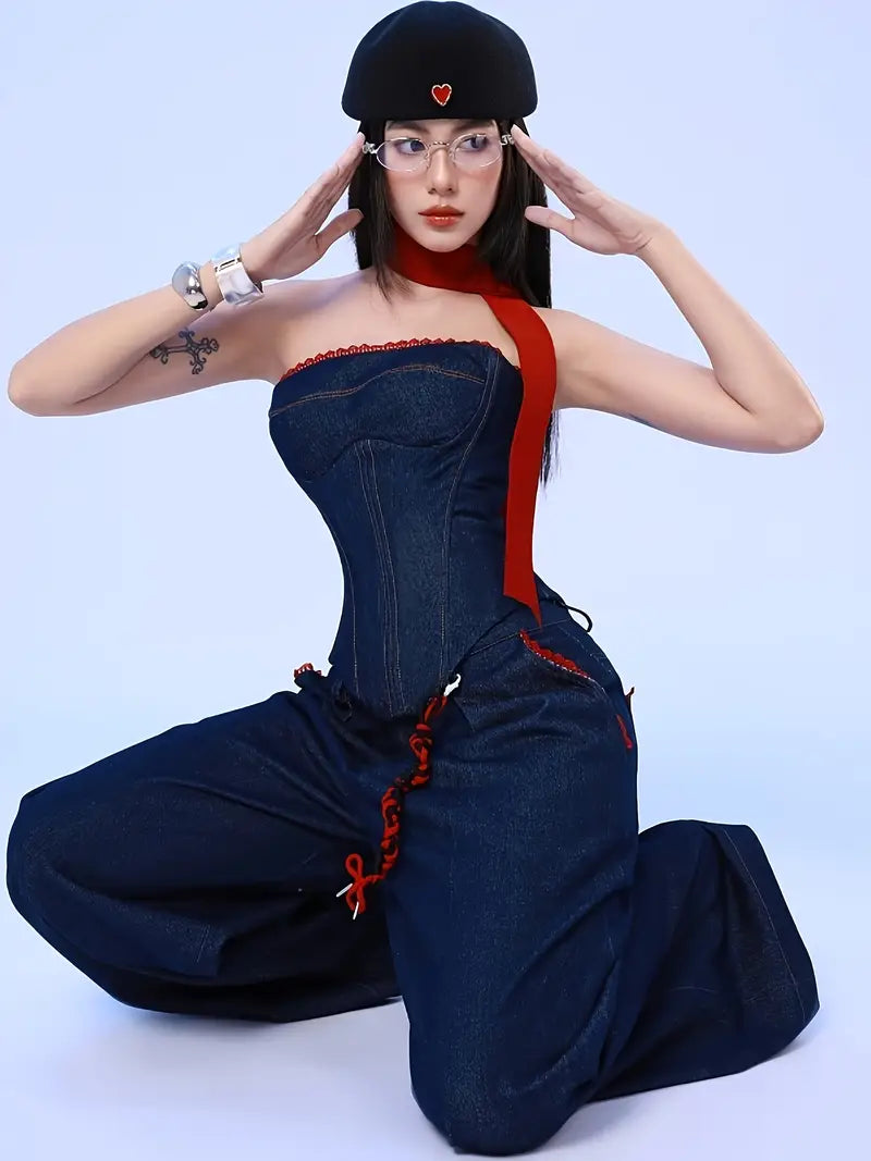 European And American Style 2025 Autumn New Fashion Personalised Denim Bandeau Vest Women's Loose Wide-leg Trouser Set