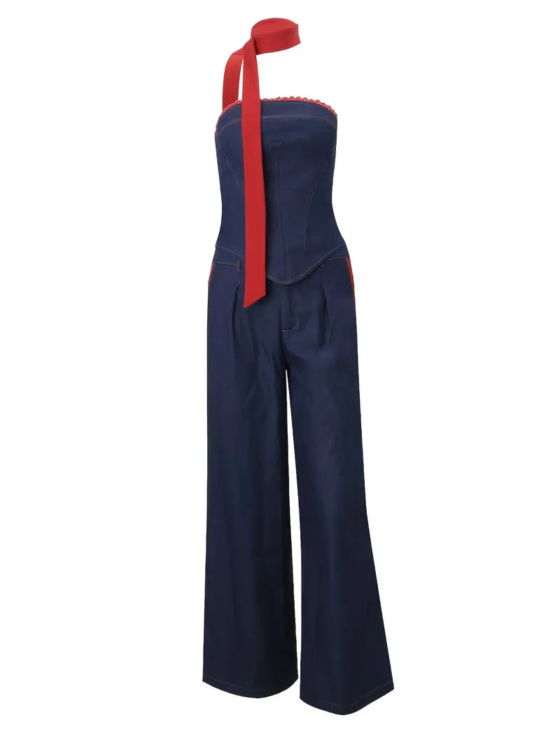 European And American Style 2025 Autumn New Fashion Personalised Denim Bandeau Vest Women's Loose Wide-leg Trouser Set