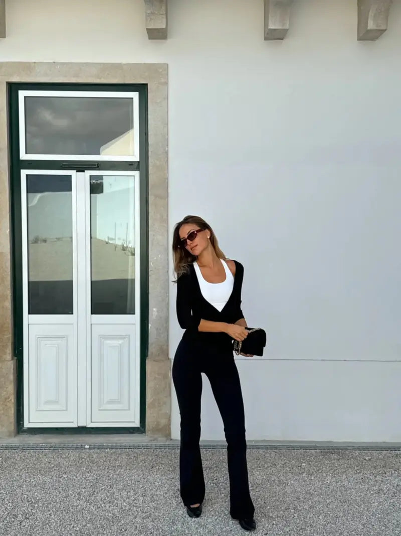 Women 2pcs Outfits Casual Solid Color Tie up Hem Wrap Long Sleeves Tops and Elastic Flare Pants Set Streetwear