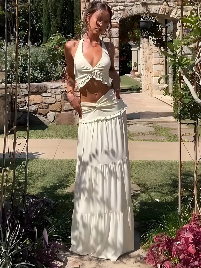 Sexy Pleated 2pcs Suit Women Halter Lace Up Crop Tank A-line Ruffle Long Skirt Female Set Spring Summer Chic Lady Sets