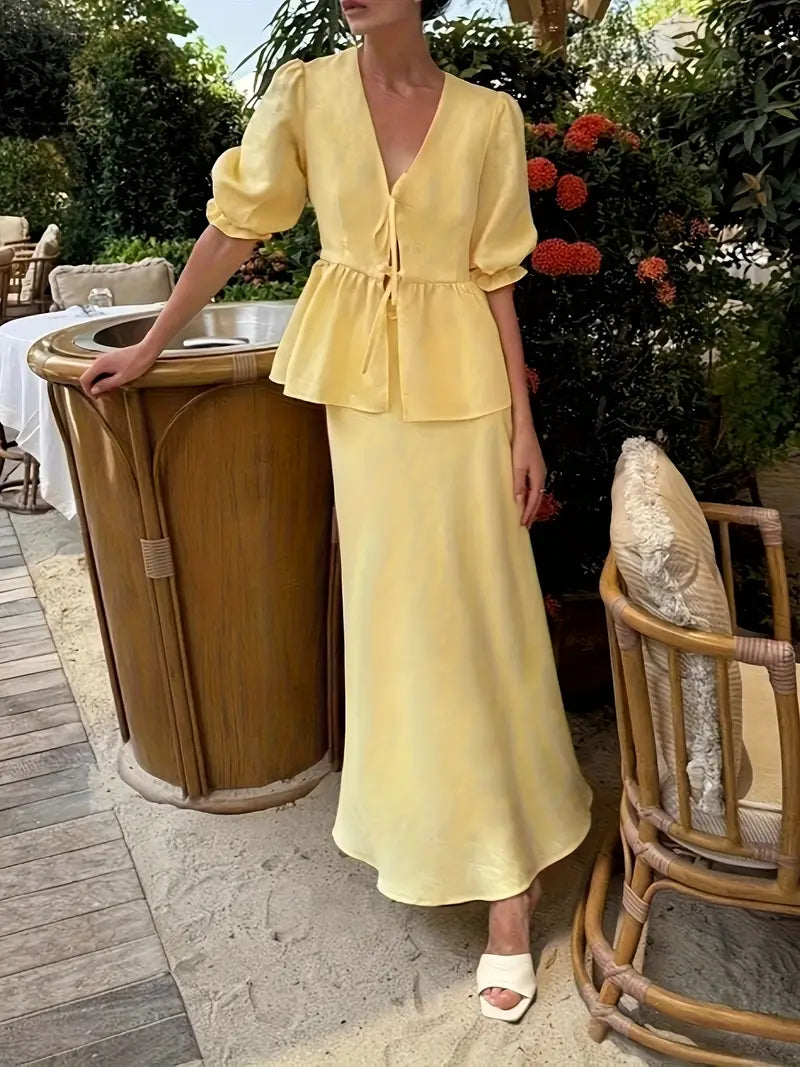 2025 Summer New Arrival Yellow Pleated Midi Skirt Set - Elegant V-Neck Blouse with Ruffled Hem, Long Sleeves, Non-Stretch Fabric