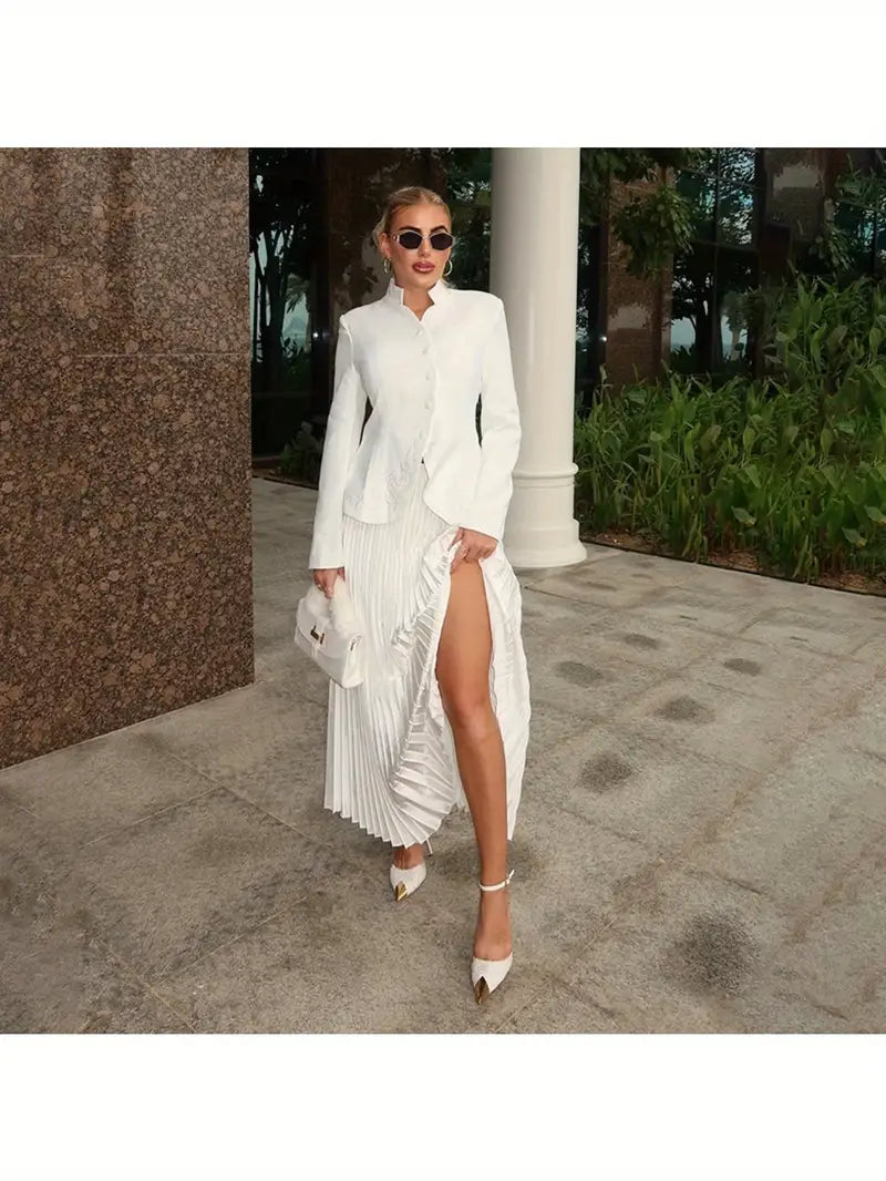 Couture Trapunto Embroidered Blazer Precision Knife Pleated Skirt Set 3D Raised Embroidery Tailored Cropped Blazer High Waist Skirt Sculptural Pleating