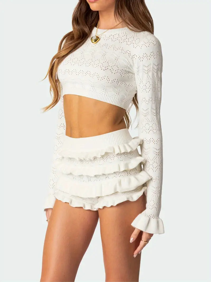 Women Fall Shorts Outfits Solid Color Crew Neck Long Sleeve Crop Tops Ruffles Shorts 2pcs Clothes Set