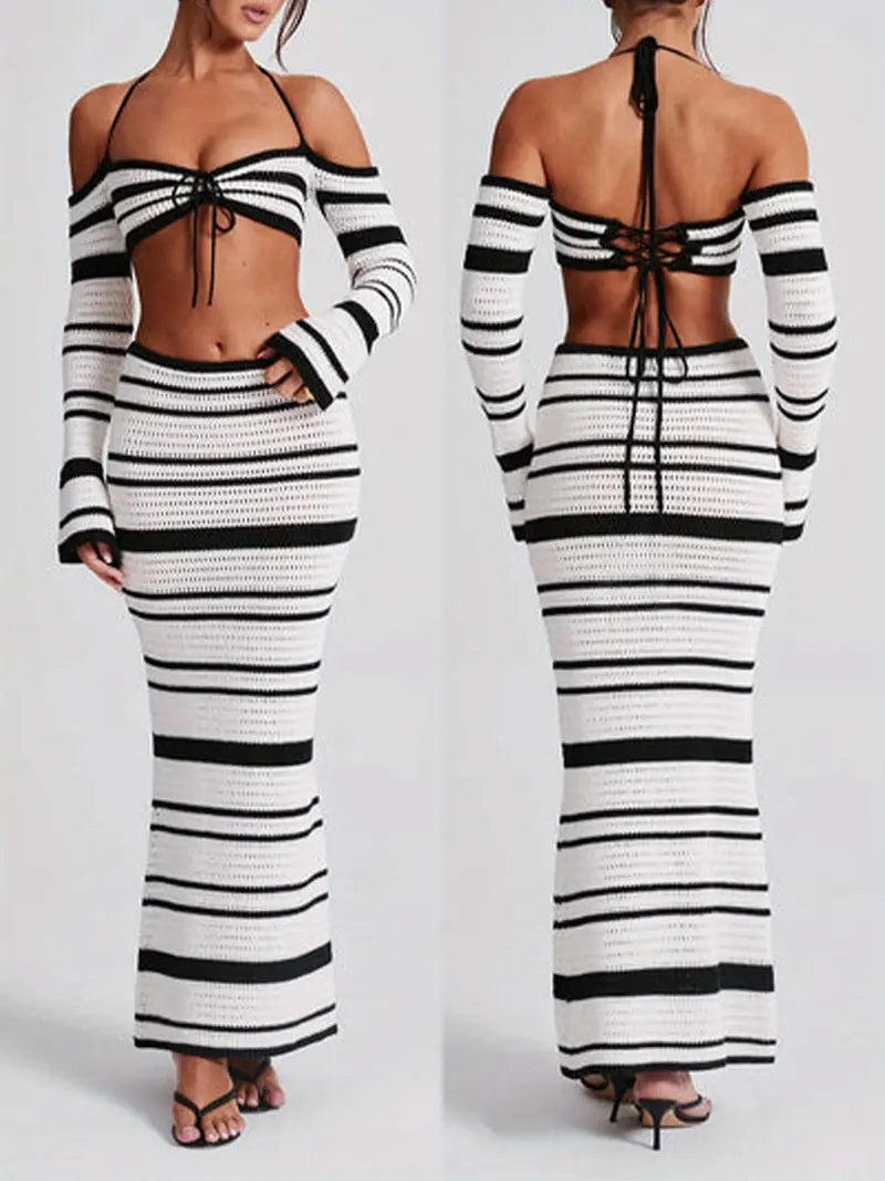 Women'S 2pcs Skirt Outfits Halter Neck Striped Tops Long Skinny Skirt Set