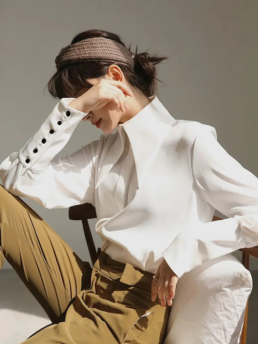 Women'S Elegant White Button-Up Shirt - Long Sleeve Blouse with Classic Collar, Smooth Polyester Fabric for Office, Formal Events & Everyday