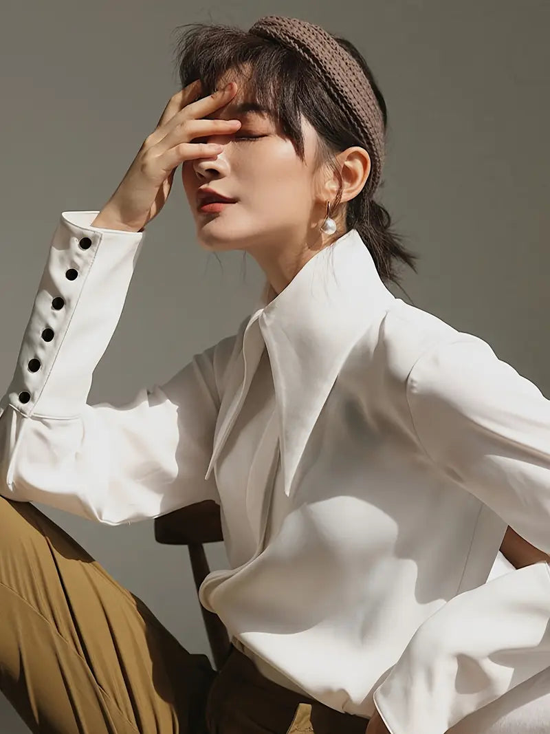 Women'S Elegant White Button-Up Shirt - Long Sleeve Blouse with Classic Collar, Smooth Polyester Fabric for Office, Formal Events & Everyday