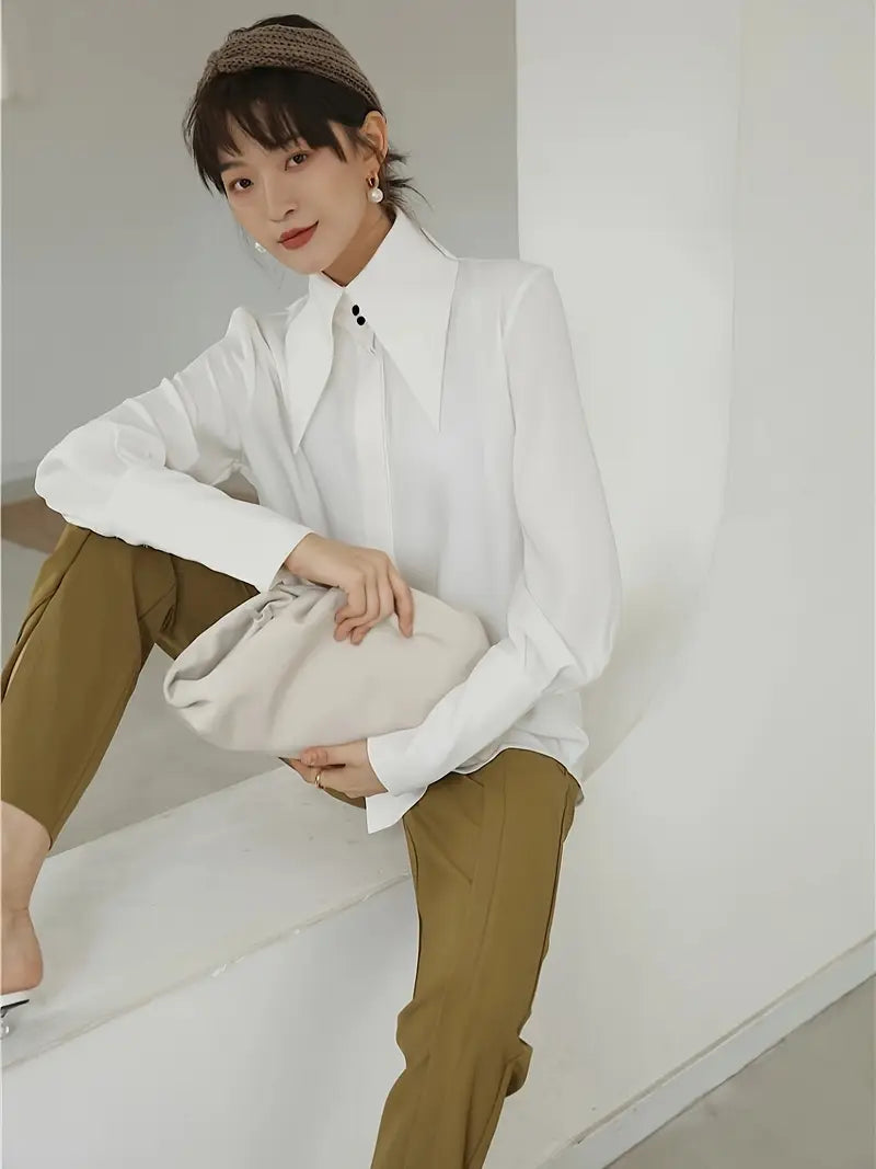 Women'S Elegant White Button-Up Shirt - Long Sleeve Blouse with Classic Collar, Smooth Polyester Fabric for Office, Formal Events & Everyday