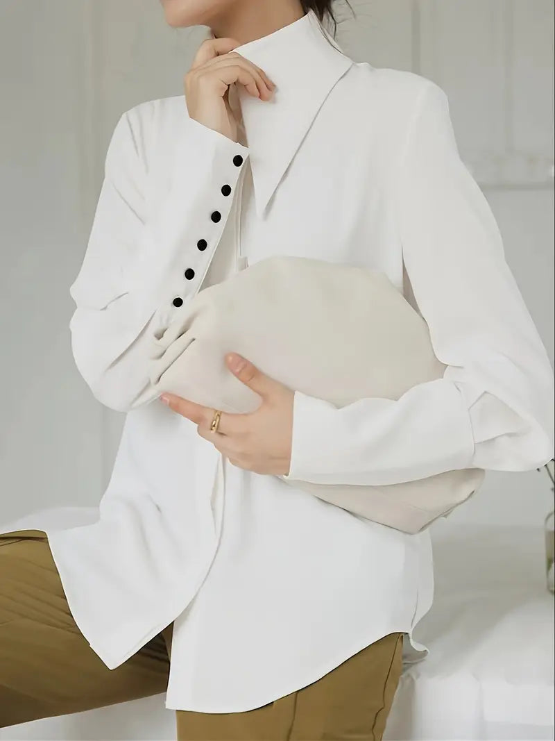 Women'S Elegant White Button-Up Shirt - Long Sleeve Blouse with Classic Collar, Smooth Polyester Fabric for Office, Formal Events & Everyday