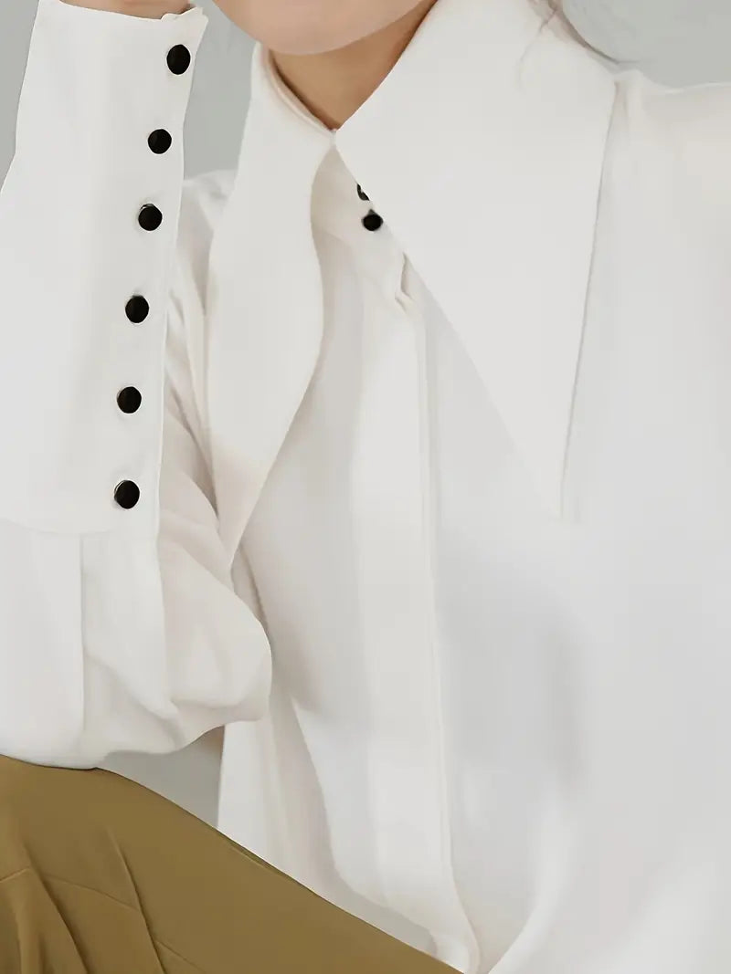Women'S Elegant White Button-Up Shirt - Long Sleeve Blouse with Classic Collar, Smooth Polyester Fabric for Office, Formal Events & Everyday