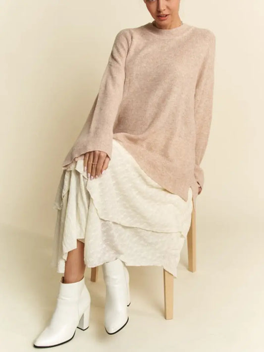 Womens Casual Knitwear Chic Oversized Batwing Sleeve Ribbed Pullover Sweater Slouchy Relaxed Fit Crew Neck Nude Beige Chunky Knit Fall Winter Loungewear Cozy Contemporary Minimalist Design
