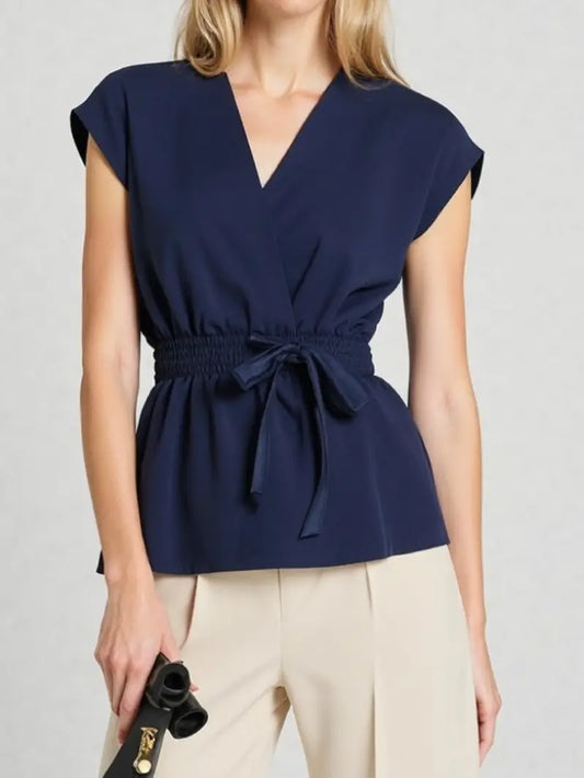 Women'S Navy Blue V-Neck Blouse with Tie-Waist Bow Detail - Short Sleeve, Ruched Front, Solid Color, Perfect for Spring/Summer, Versatile Top for Casual or Office Wear, Casual Summer Top | Vneck Blouse | Ruched Texture