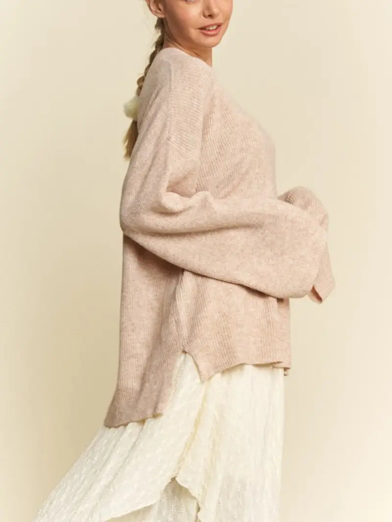 Womens Casual Knitwear Chic Oversized Batwing Sleeve Ribbed Pullover Sweater Slouchy Relaxed Fit Crew Neck Nude Beige Chunky Knit Fall Winter Loungewear Cozy Contemporary Minimalist Design