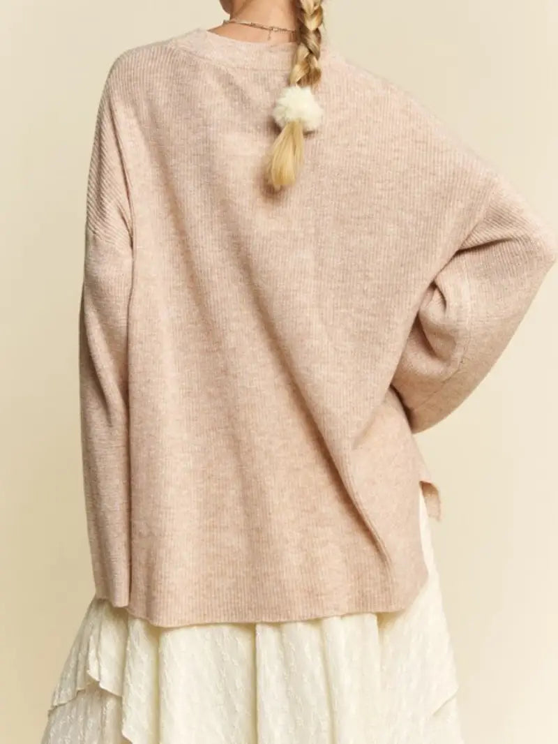 Womens Casual Knitwear Chic Oversized Batwing Sleeve Ribbed Pullover Sweater Slouchy Relaxed Fit Crew Neck Nude Beige Chunky Knit Fall Winter Loungewear Cozy Contemporary Minimalist Design