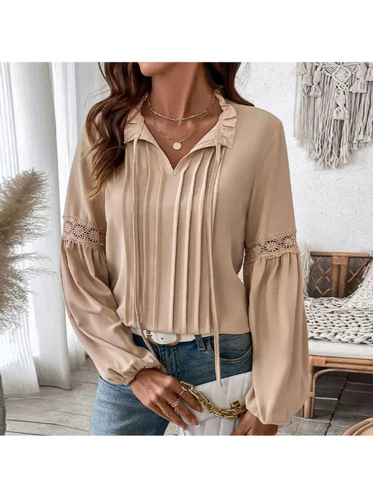 Women's Elegant Lace V-Neck Blouse with Ruffled Lace Sleeve & Solid Beige Pleated Hem - Long Sleeve Blouse with Smooth Texture, Structured Fit for Spring/Fall, Casual & Formal Events
