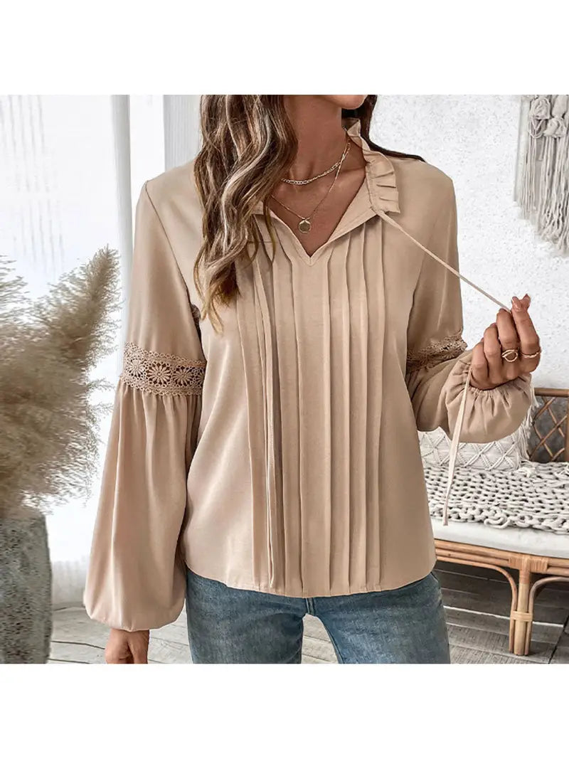 Women's Elegant Lace V-Neck Blouse with Ruffled Lace Sleeve & Solid Beige Pleated Hem - Long Sleeve Blouse with Smooth Texture, Structured Fit for Spring/Fall, Casual & Formal Events
