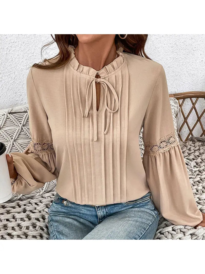 Women's Elegant Lace V-Neck Blouse with Ruffled Lace Sleeve & Solid Beige Pleated Hem - Long Sleeve Blouse with Smooth Texture, Structured Fit for Spring/Fall, Casual & Formal Events