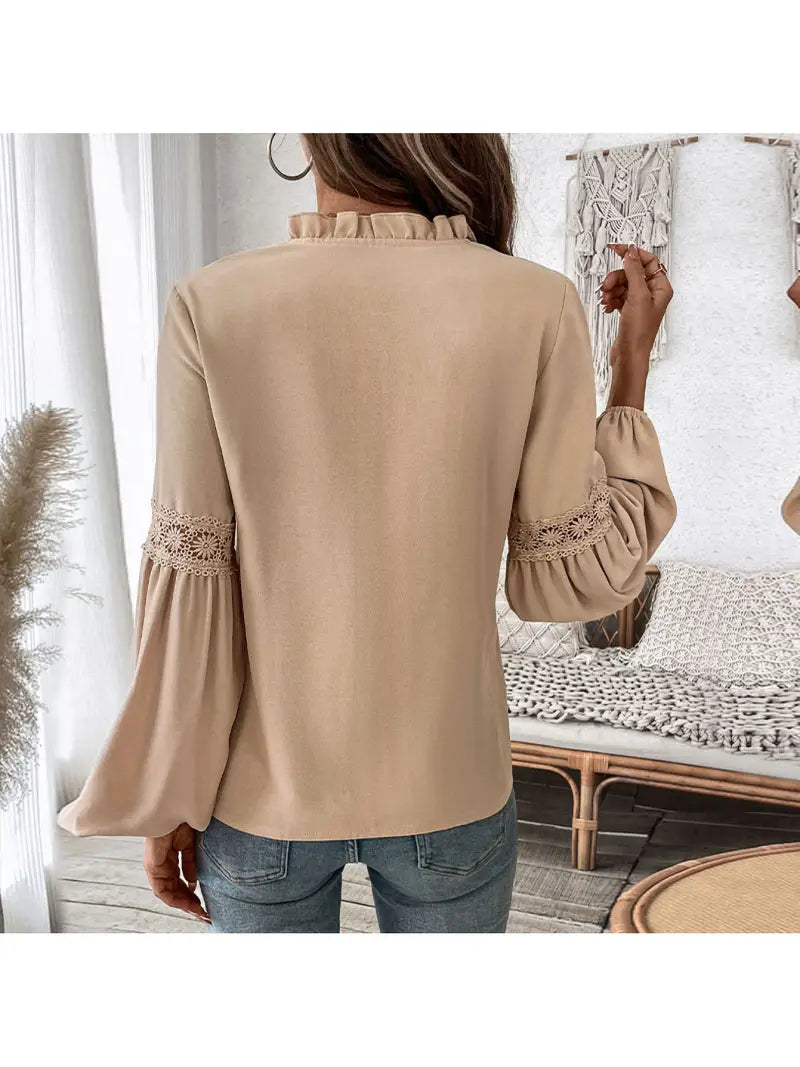 Women's Elegant Lace V-Neck Blouse with Ruffled Lace Sleeve & Solid Beige Pleated Hem - Long Sleeve Blouse with Smooth Texture, Structured Fit for Spring/Fall, Casual & Formal Events