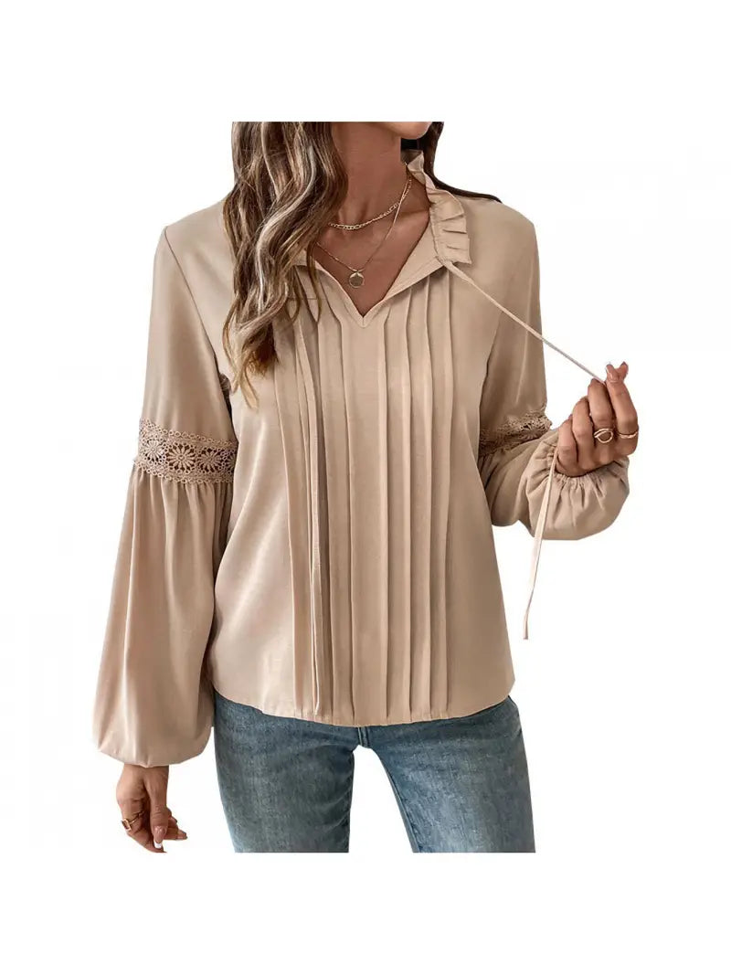 Women's Elegant Lace V-Neck Blouse with Ruffled Lace Sleeve & Solid Beige Pleated Hem - Long Sleeve Blouse with Smooth Texture, Structured Fit for Spring/Fall, Casual & Formal Events