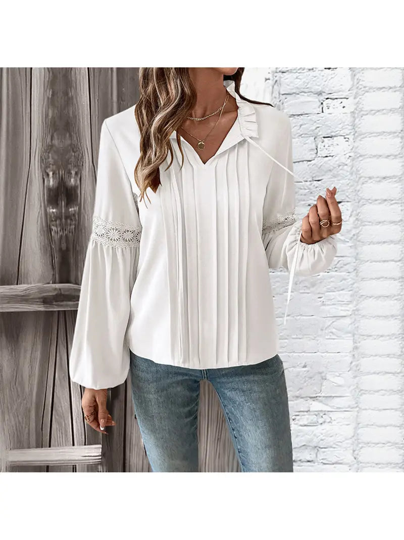 Women's Elegant Lace V-Neck Blouse with Ruffled Lace Sleeve & Solid Beige Pleated Hem - Long Sleeve Blouse with Smooth Texture, Structured Fit for Spring/Fall, Casual & Formal Events