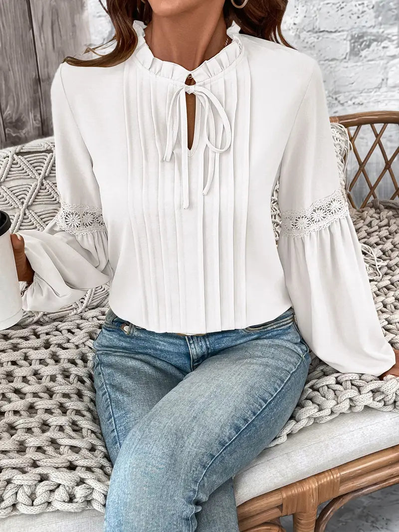 Women's Elegant Lace V-Neck Blouse with Ruffled Lace Sleeve & Solid Beige Pleated Hem - Long Sleeve Blouse with Smooth Texture, Structured Fit for Spring/Fall, Casual & Formal Events
