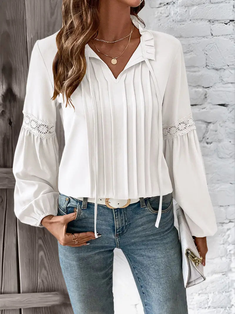 Women's Elegant Lace V-Neck Blouse with Ruffled Lace Sleeve & Solid Beige Pleated Hem - Long Sleeve Blouse with Smooth Texture, Structured Fit for Spring/Fall, Casual & Formal Events