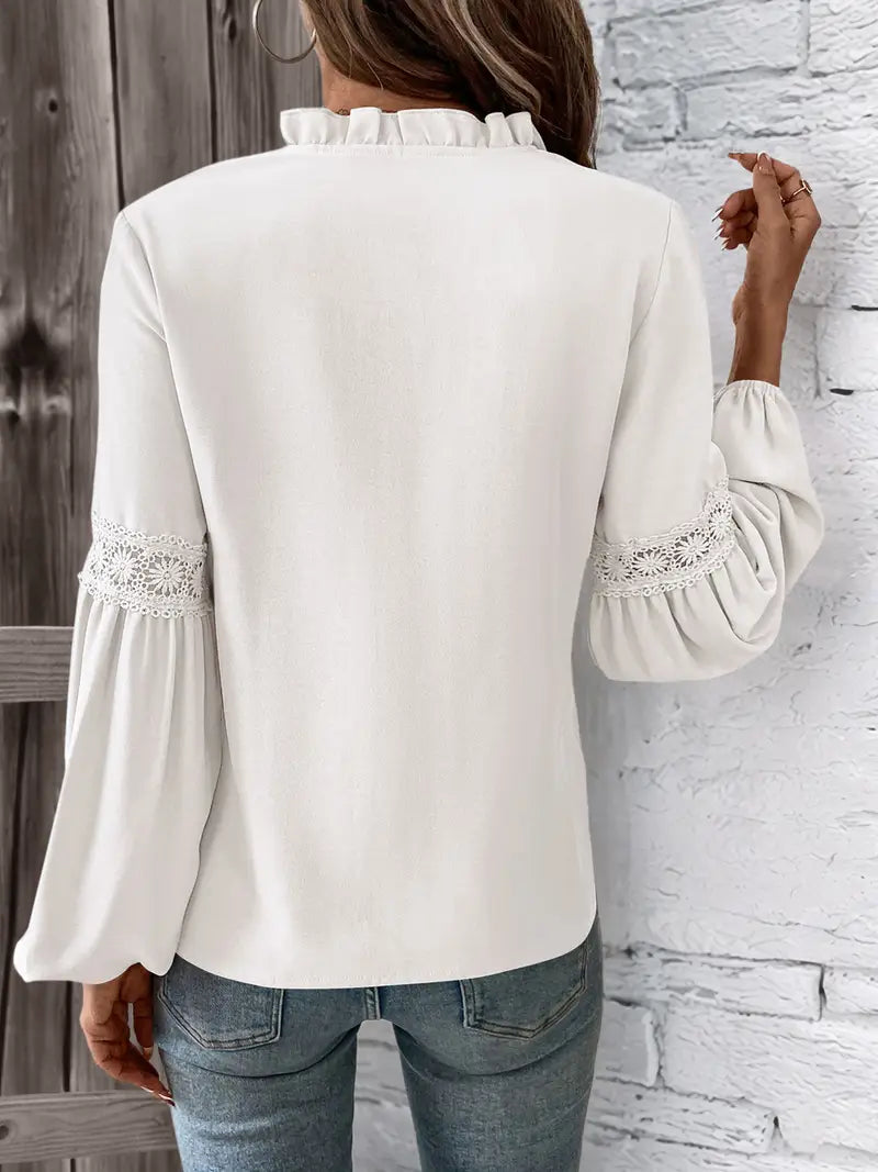 Women's Elegant Lace V-Neck Blouse with Ruffled Lace Sleeve & Solid Beige Pleated Hem - Long Sleeve Blouse with Smooth Texture, Structured Fit for Spring/Fall, Casual & Formal Events