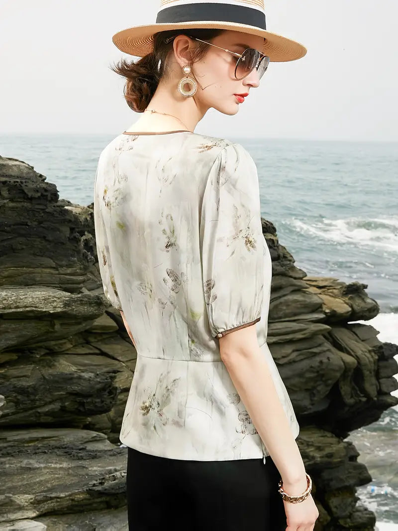 Women'S Summer Blouse - Soft Pastel Floral shirt with Twist Front, Breathable Office & Party Blouse for Women, Elegant Everyday Chic Tops for Formal Events & Casual Outfits, Casual Wear
