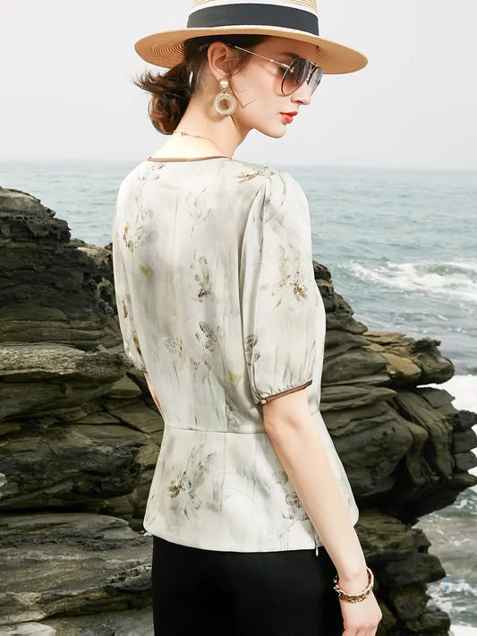 Women'S Summer Blouse - Soft Pastel Floral shirt with Twist Front, Breathable Office & Party Blouse for Women, Elegant Everyday Chic Tops for Formal Events & Casual Outfits, Casual Wear