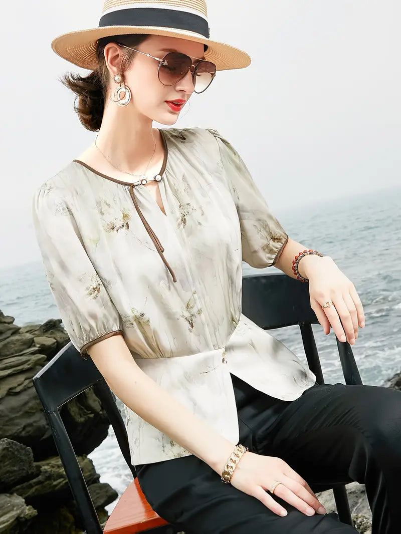 Women'S Summer Blouse - Soft Pastel Floral shirt with Twist Front, Breathable Office & Party Blouse for Women, Elegant Everyday Chic Tops for Formal Events & Casual Outfits, Casual Wear