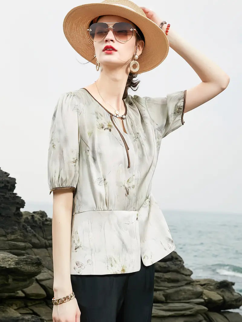 Women'S Summer Blouse - Soft Pastel Floral shirt with Twist Front, Breathable Office & Party Blouse for Women, Elegant Everyday Chic Tops for Formal Events & Casual Outfits, Casual Wear