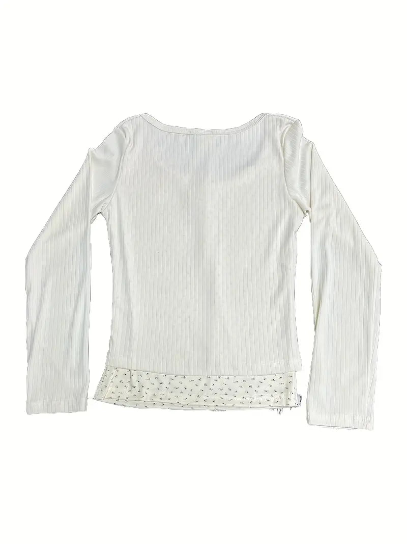 New Spring And Autumn American-Style Floral Print Two-Piece Top for Women, Featuring Long Sleeves And a Slim Fit, Unique And Stylish T-Shirt.