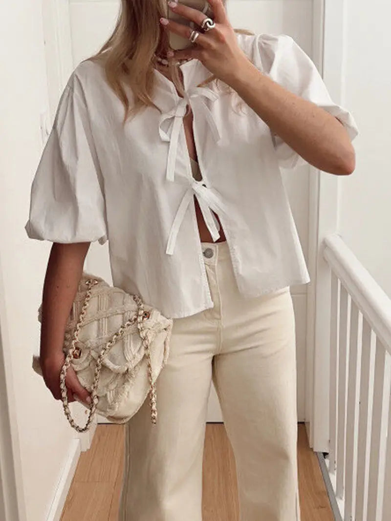 1pc Women'S Casual Crew Neck T-Shirt with Lace-up Detail - Solid Color Polyester Knit Fabric Top for Spring/Summer/Fall - Short Sleeve Streetwear Aesthetic Grunge Shirt