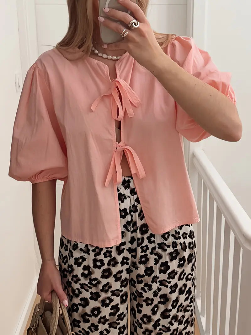 1pc Women'S Casual Crew Neck T-Shirt with Lace-up Detail - Solid Color Polyester Knit Fabric Top for Spring/Summer/Fall - Short Sleeve Streetwear Aesthetic Grunge Shirt