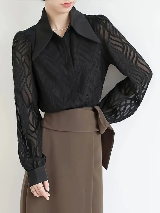 Elegant Women'S Blouse with Textured Mesh Sleeves - Chic French-Inspired Vintage Collar, Long Sleeve, Button-Up Shirt for Spring & Fall, Brown & Black Color Block Design
