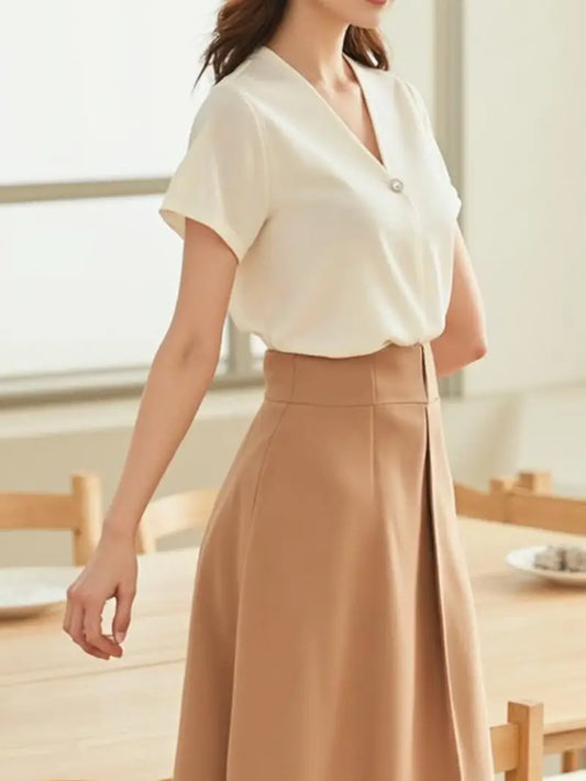 A White V-Neck Shirt with a Niche Temperament for Summer Design