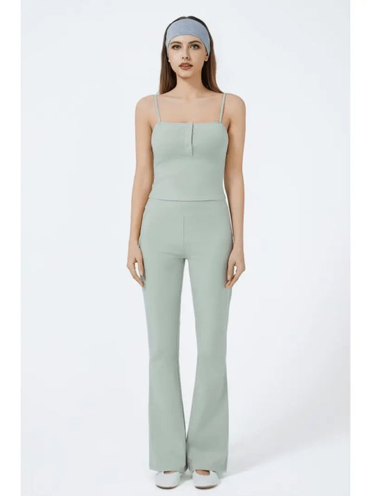 Women's Light Green Wide Leg Pants Elastic Waffle Knit Casual Wide Leg Pants with Pockets